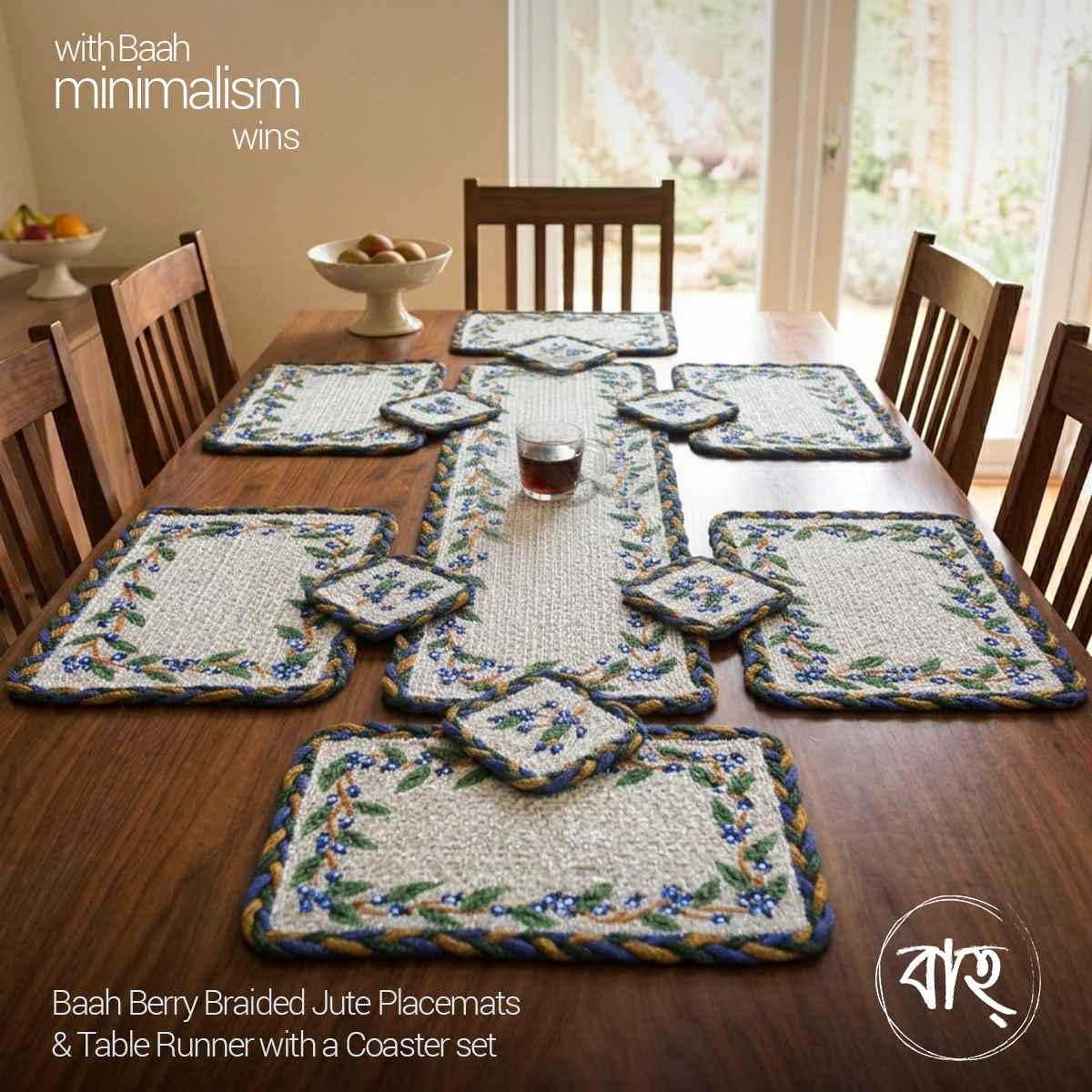 Baah Berry Braided Jute Placemats  & Table Runner with a Coaster set